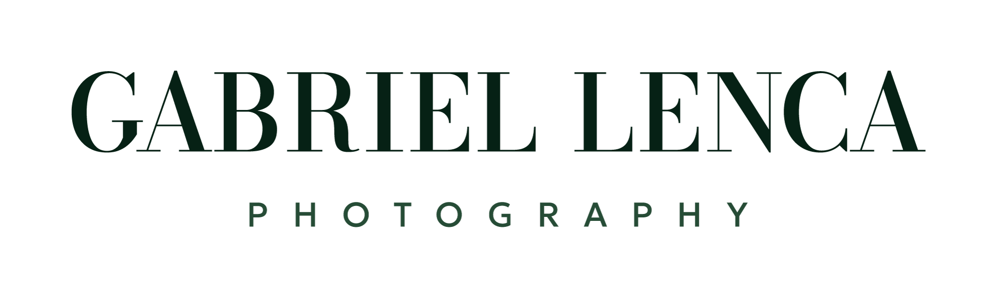 Text logo reads "Gabriel Lenca Photography" in dark green, all capital letters, on a transparent background. Gabriel Lenca Photography - London Wedding Photographer.